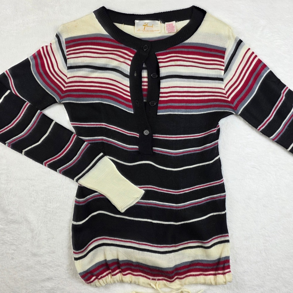 Tami Vintage Striped Henley‎ Sweater Womens Black Red Drawstring Hem GOOD